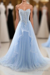 Light Blue Tulle Lace Long Evening Prom Dresses, Formal Dresses