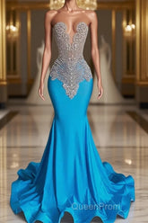 Ocean blue sleeveless mermaid Evening Prom Dresses with long beadings