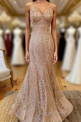 Mermaid V-Neck Rose Gold Long Evening Prom Dresses with Criss Cross Back