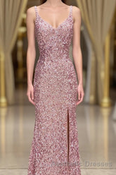 Gorgeous Mermaid V-Neck Pearl Pink Long Evening Prom Dresses with Slit