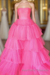 Elegant Strapless Layered Hot Pink Long Evening Prom Dresses with Slit