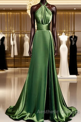 Green Soft Satin Halter Long Evening Dresses Party Dresses, Green A-line Evening Prom Dresses