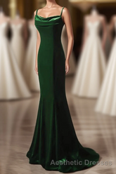 Green Mermaid Long Velvet Party Dresses, Green Straps Long Formal Dresses Evening Prom Dresses