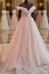 Pink Tulle Off The Shoulder A-Line Tulle Ruffles Floor-Length Evening Prom Dresses, Pink Long Party Dresses