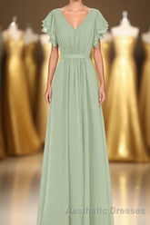 Elegant Sage Green Ruffled A-Line Long Bridesmaid Dresses