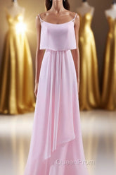 Pink Flounce Chiffon Straps A-line Long Bridesmaid Dresses