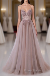 Pink V-Neckline Beaded Straps Long Party Dresses, A-Line Pink Tulle Floor Length Evening Prom Dresses