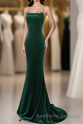 Green Velvet Mermaid Straps Long Formal Dresses, Green Evening Prom Dresses Party Dresses
