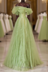 Green Floor Length Simple Off Shoulder Long Formal Dresses, Green A-Line Evening Prom Dresses