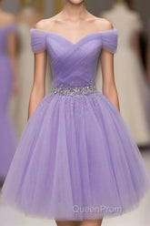 Purple Off Shoulder Tulle Sequin Evening Prom Dresses, Purple Homecoming Dresses