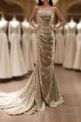Gold Sequins Mermaid Scoop Long Evening Prom Dresses, Gold Long Evening Prom Dresses Party Dresses