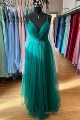 Hunter Green A-line Plunging V Neck Double Straps Pleated Long Prom Dress