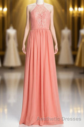 Halter Coral A-line Lace and Chiffon Long Bridesmaid Dresses