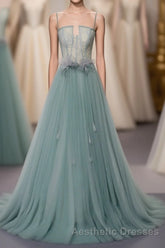 Green A Line Tulle Lace Long Evening Prom Dresses, Green Tulle Formal Dresses