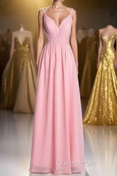 Pink Straps A-line Pleated Long Bridesmaid Dresses