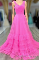 Hot Pink Illusion Strapless A-line Layers Tulle Long Evening Prom Dresses