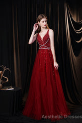 Luxury Burgundy Evening Dress, Long Evening Party Prom Dresses, A Line Prom Gown
