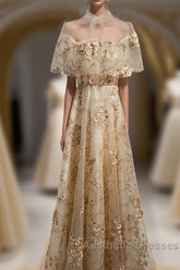 Champagne Tulle Lace Long Evening Prom Dresses, Champagne Formal Dresses, 1