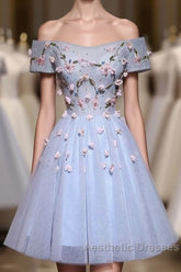 Cute Gray Blue Tulle Short Evening Prom Dresses, Gray Homecoming Dresses