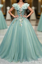Green V Neck Tulle Long Evening Prom Dresses, Green Evening Prom Dresses