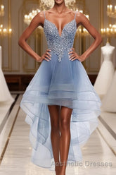 Blue Sweetheart Tulle Lace High Low Evening Prom Dresses, Blue Homecoming Dresses