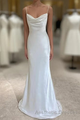 White Soft Satin Straps Simple Long Wedding Party Dresses, White Long Evening Prom Dresses