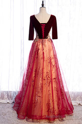 Burgundy Velvet Tulle Long Prom Dresses, Burgundy 1/2 Sleeve Evening Dresses