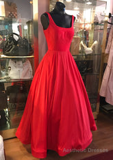 Red Prom Dresses, A-line Square Neckline Regular Straps Long/Floor-Length Satin Prom Dress