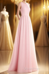 Pink Chiffon Halter Cutout Back A-Line Long Bridesmaid Dresses
