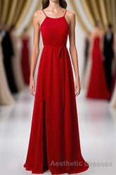 Red Chiffon Spaghetti Straps Backless A-Line Bridesmaid Dresses with Slit