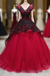 Unique Burgundy V Neck Tulle Long Evening Prom Dresses, Burgundy Evening Prom Dresses