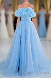 Light Blue Flowers Off-Shoulder A-line Long Evening Prom Dresses with Slit