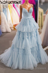 Elegant Light Blue Side Slit Tulle Long Evening Prom Dresses