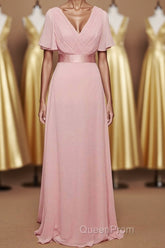 Pink V-Neck Ruffled A-Line Long Bridesmaid Dresses