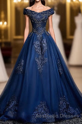 Blue Tulle Lace Off Shoulder Long Evening Prom Dresses, Blue Tulle Lace Evening Prom Dresses