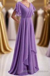 Flutter Sleeves Lavender Chiffon A-line Long Bridesmaid Dresses
