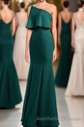 Hunter Green One-Shoulder Mermaid Ruffled Long Bridesmaid Dresses