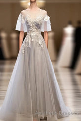 Gray Tulle Lace Long Evening Prom Dresses, Gray Tulle Lace Evening Prom Dresses, 5