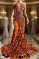 Mermaid Style Burnt Orange Sequins Evening Prom Dresses with Side Slit Long Length Beadings and Feathers