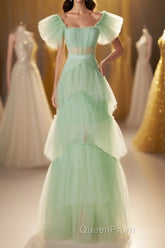 Mint Green Flare Sleeves Ruffles Long Party Dresses