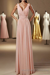 Elegant Plush Pink V-Neck Open Back A-Line Long Bridesmaid Dresses