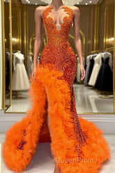 Orange Sleeveless Mermaid Evening Prom Dresses with Side Slit and Tulle Beadings