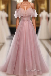 Pink Sweetheart Tulle Long Evening Prom Dresses, Pink Tulle Formal Dresses, 1