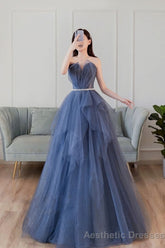 Blue Sweetheart Neck Tulle Long Prom Dress Blue Tulle Formal Dress