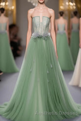 Green Tulle Lace Long Evening Prom Dresses, Green Tulle Evening Prom Dresses, 3
