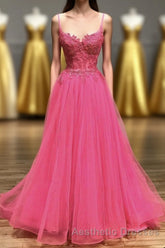 Hot Pink Floral Spaghetti Straps A-line Long Evening Prom Dresses