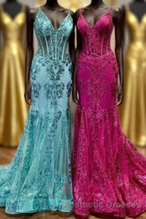 Fuchsia Mermaid Sequined Embroidery Tulle Long Evening Prom Dresses