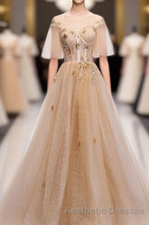 Champagne Round Neck Tulle Lace Long Evening Prom Dresses, Formal Dresses