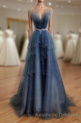 Gray Blue Tulle Beads Long Evening Prom Dresses, Blue Tulle Formal Dresses