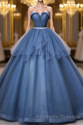 Blue Sweetheart Neck Tulle Long Evening Prom Dresses, Blue Evening Prom Dresses